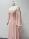 Women Elegant Strapless Long Sleeve Zip Slit Dress