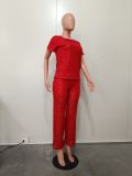 Women Spring Summer Sequin Solid Short Sleeve Top and Pants Two-piece Set