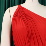 Women Summer Solid Slash Shoulder Lace-Up Loose Pleated Dress