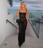 Summer Women's Fashion Strap Sexy See-Through Lace Slim Dress