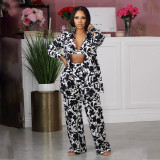 Sexy Women's Printed Long Sleeve Shirt Pants Vest Three-Piece Outfit