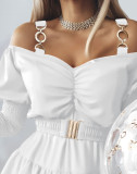 Solid Color Off Shoulder Puff Sleeve A-Line Dress
