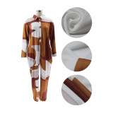 Sexy Turndown Collar Print Loose Jumpsuit