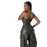 Women's Strapless Low Back Slim Fit Trendy Pocket Jumpsuit