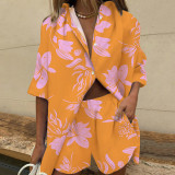 Women's Printed Turndown Collar Short Sleeve Shirt Wide Leg Elastic Waist Shorts Two-Piece Set