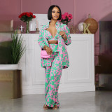 Sexy Women's Printed Long Sleeve Shirt Pants Vest Three-Piece Outfit