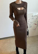 Women sexy hollow long-sleeved Top and slit suspender dress two-piece set