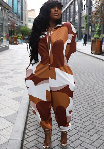 Sexy Turndown Collar Print Loose Jumpsuit