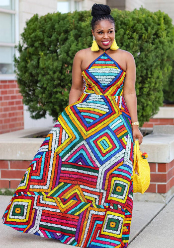 Sexy Printed Halter Neck Strapless Low Back A-Line Dress