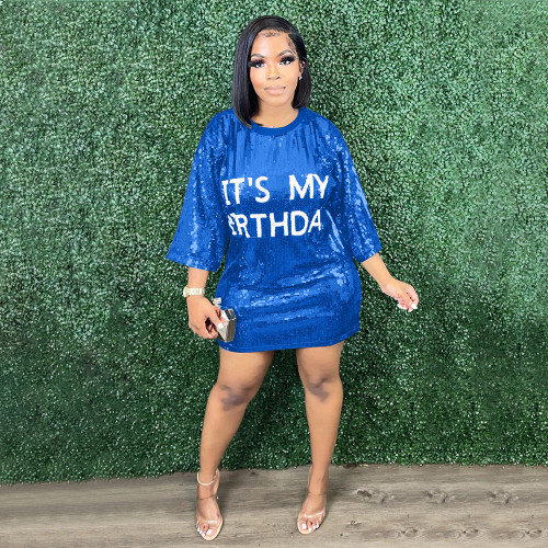 Women'S Spring Round Neck Loose Sequined Letter Casual Dress