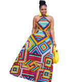 Sexy Printed Halter Neck Strapless Low Back A-Line Dress