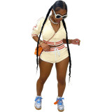 Women's Fashion Striped Patchwork Hooded Long Top Sexy Shorts Sports Two Piece Set