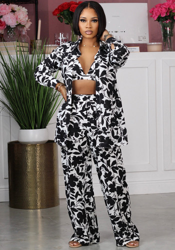 Sexy Women's Printed Long Sleeve Shirt Pants Vest Three-Piece Outfit