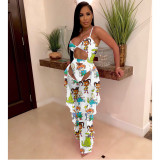 Sexy Women's Solid Color Printed One Piece Swimsuit Mesh Pants Two-Piece Set