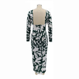 Women Patterned Long Sleeve Printed Sexy Backless Maxi Dress