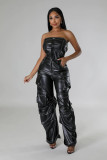 Women's Strapless Low Back Slim Fit Trendy Pocket Jumpsuit