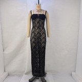 Summer Women's Fashion Strap Sexy See-Through Lace Slim Dress