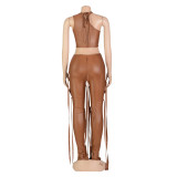 Women's Sexy Faux Leather Tank Top Lace-Up Pants Two Piece Nightclub Set