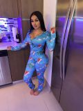 Women Round Neck Long Sleeve Printed Jumpsuit