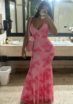 Women Summer Casual Printed Backless Strappy Fishtail Maxi Dress Women Summer Casual Printed Backless Strappy Fishtail Maxi Dress