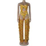Sexy Women's Solid Color Printed One Piece Swimsuit Mesh Pants Two-Piece Set