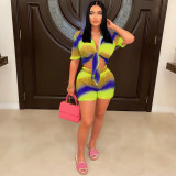 Fashion Gradient Multi-Color Print Two-Piece Shorts Set