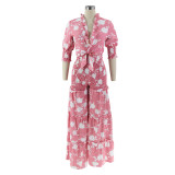 Sexy Printed Lace-Up Shirt Wide-Leg Pants Summer Two-Piece Set