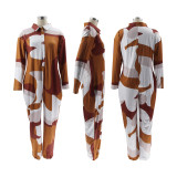 Sexy Turndown Collar Print Loose Jumpsuit