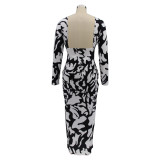 Women Patterned Long Sleeve Printed Sexy Backless Maxi Dress