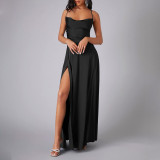 Women Sexy Backless Suspender Slit Maxi Dress