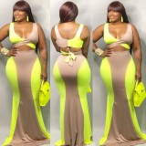 Women Sexy Contrast Color Top and Long Skirt Two-piece Set