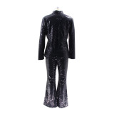 Stylish And Sexy Casual Slim Turndown Collar Sequin Two Piece Pants Set
