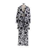 Sexy Women's Printed Long Sleeve Shirt Pants Vest Three-Piece Outfit