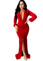 Women Solid V-neck Sexy Slit Long Sleeve Dress