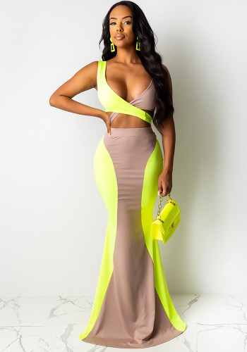 Women Sexy Contrast Color Top and Long Skirt Two-piece Set