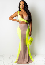 Women Sexy Contrast Color Top and Long Skirt Two-piece Set Women Sexy Contrast Color Top and Long Skirt Two-piece Set