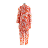 Sexy Women's Printed Long Sleeve Shirt Pants Vest Three-Piece Outfit