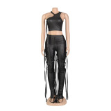 Women's Sexy Faux Leather Tank Top Lace-Up Pants Two Piece Nightclub Set
