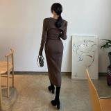 Women sexy hollow long-sleeved Top and slit suspender dress two-piece set