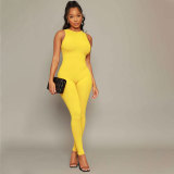 Women Solid Stretch Sleeveless Sexy Round Neck Jumpsuit