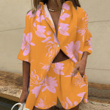 Women's Printed Turndown Collar Short Sleeve Shirt Wide Leg Elastic Waist Shorts Two-Piece Set