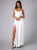 Women Sexy Backless Suspender Slit Maxi Dress