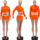 Women's Fashion Striped Patchwork Hooded Long Top Sexy Shorts Sports Two Piece Set