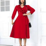 Women Solid V-Neck Pleated Dress