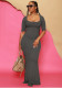 Women U-neck Short Sleeve Solid Ribbed Maxi Dress