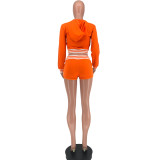 Women's Fashion Striped Patchwork Hooded Long Top Sexy Shorts Sports Two Piece Set