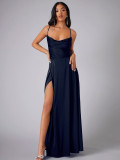 Women Sexy Backless Suspender Slit Maxi Dress
