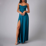Women Sexy Backless Suspender Slit Maxi Dress