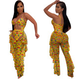 Sexy Women's Solid Color Printed One Piece Swimsuit Mesh Pants Two-Piece Set