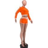 Women's Fashion Striped Patchwork Hooded Long Top Sexy Shorts Sports Two Piece Set